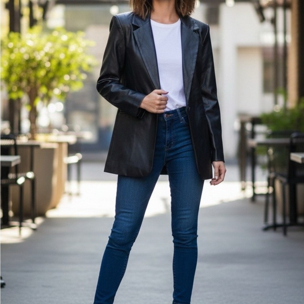 Noir Black Faux Leather Blazer for Women size M